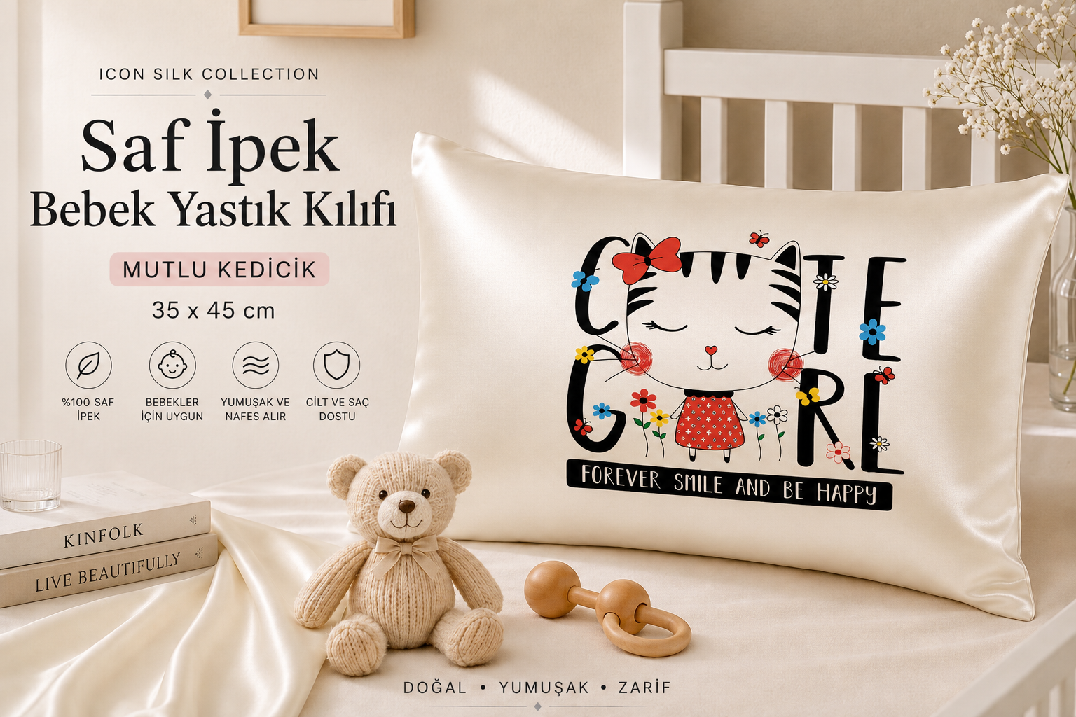 Mutlu Kedicik - Saf İpek Bebek Yastık Kılıfı 