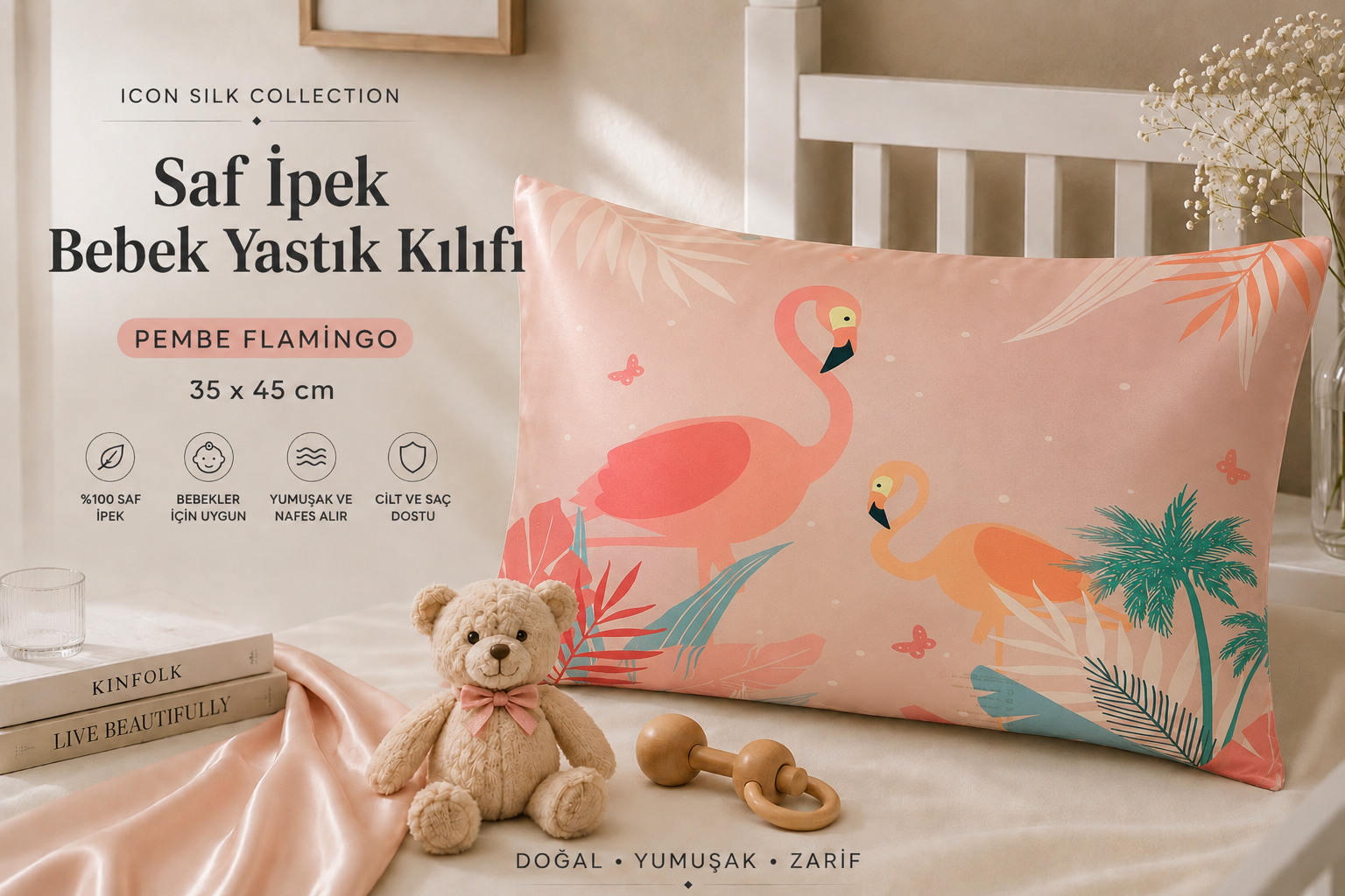Pembe Flamingo - Saf İpek Bebek Yastık Kılıfı 