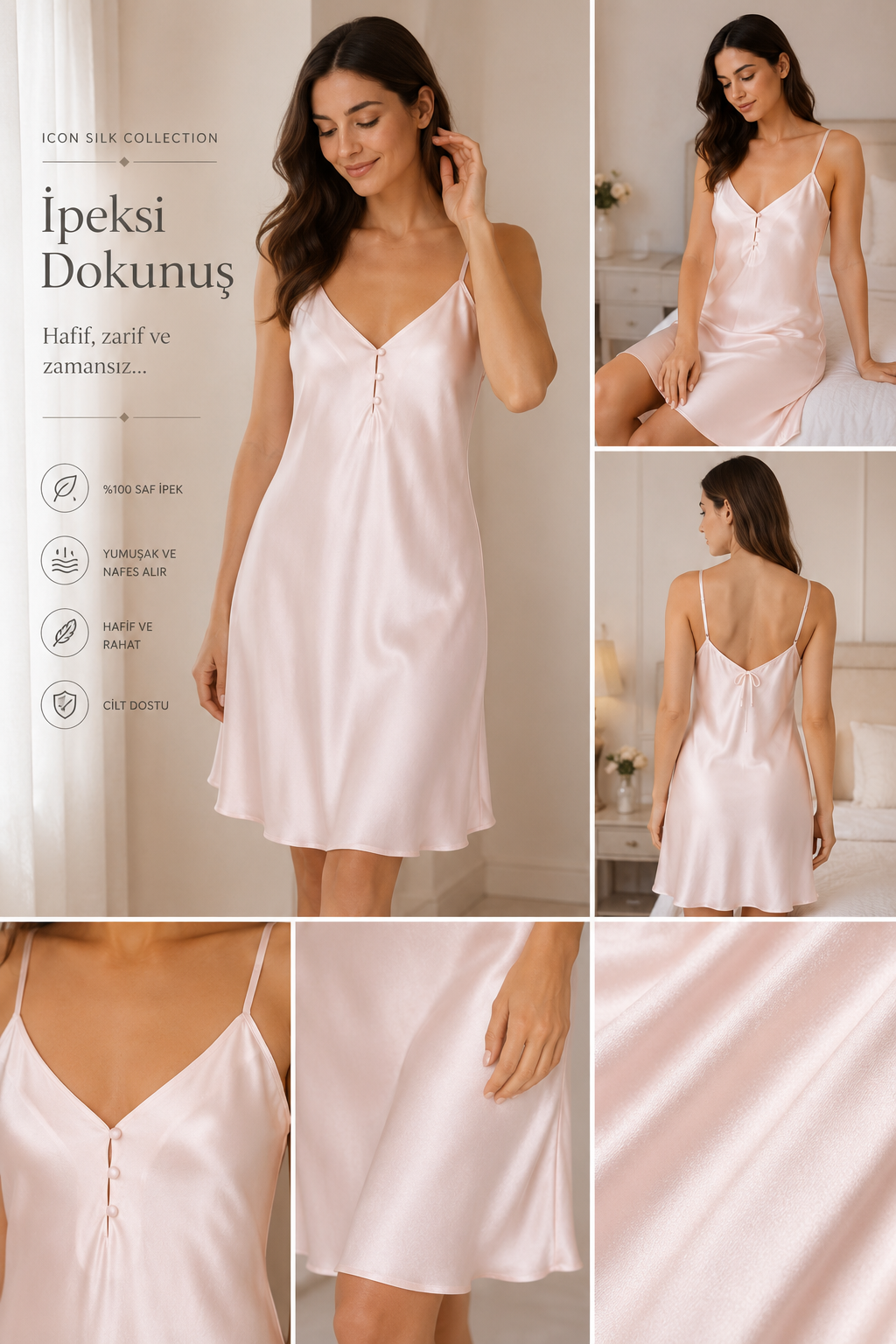 Pudra Pembe %100 Saf İpek Gecelik