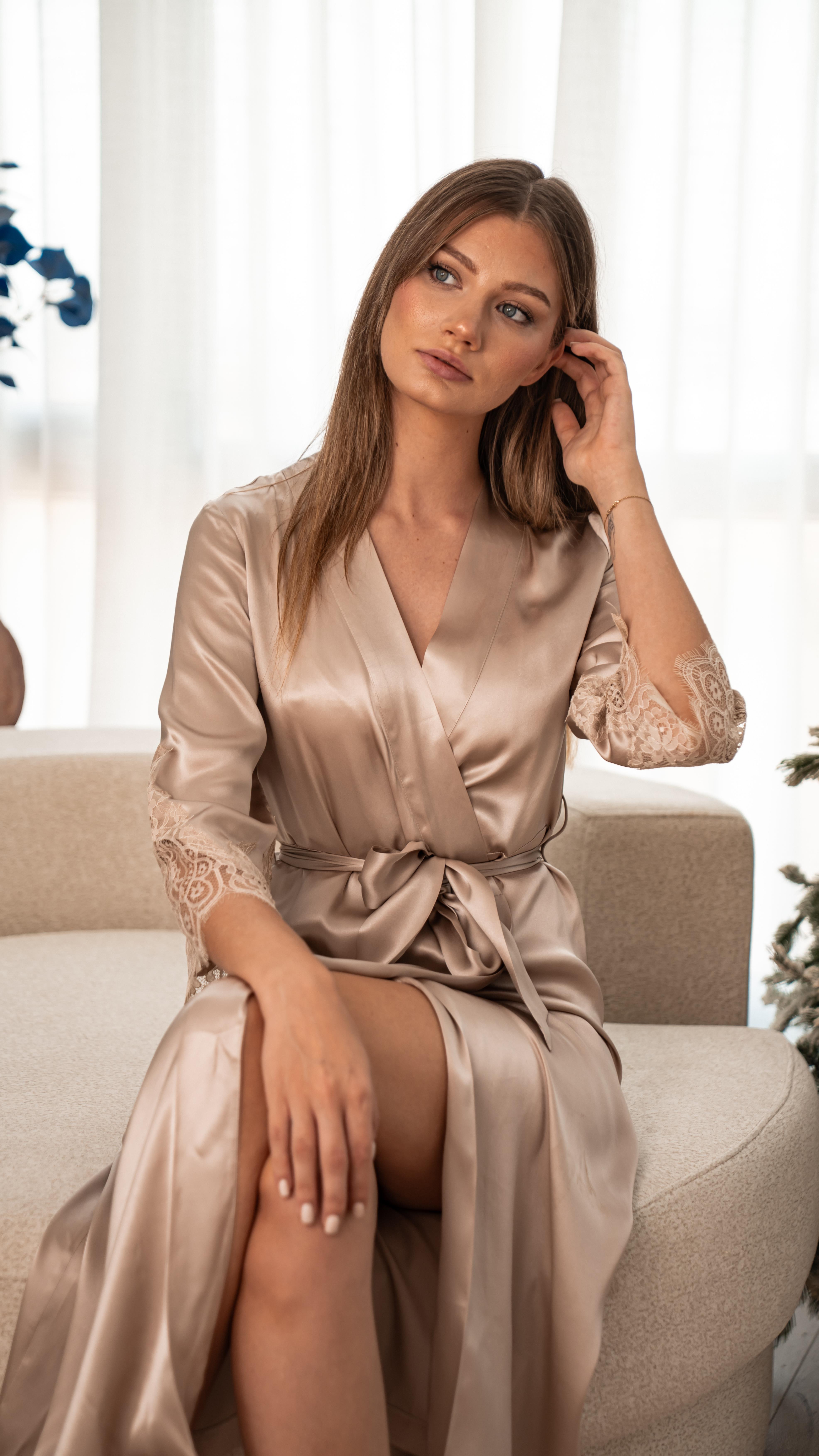 Sand Long Silk Robe with Lace Detail 