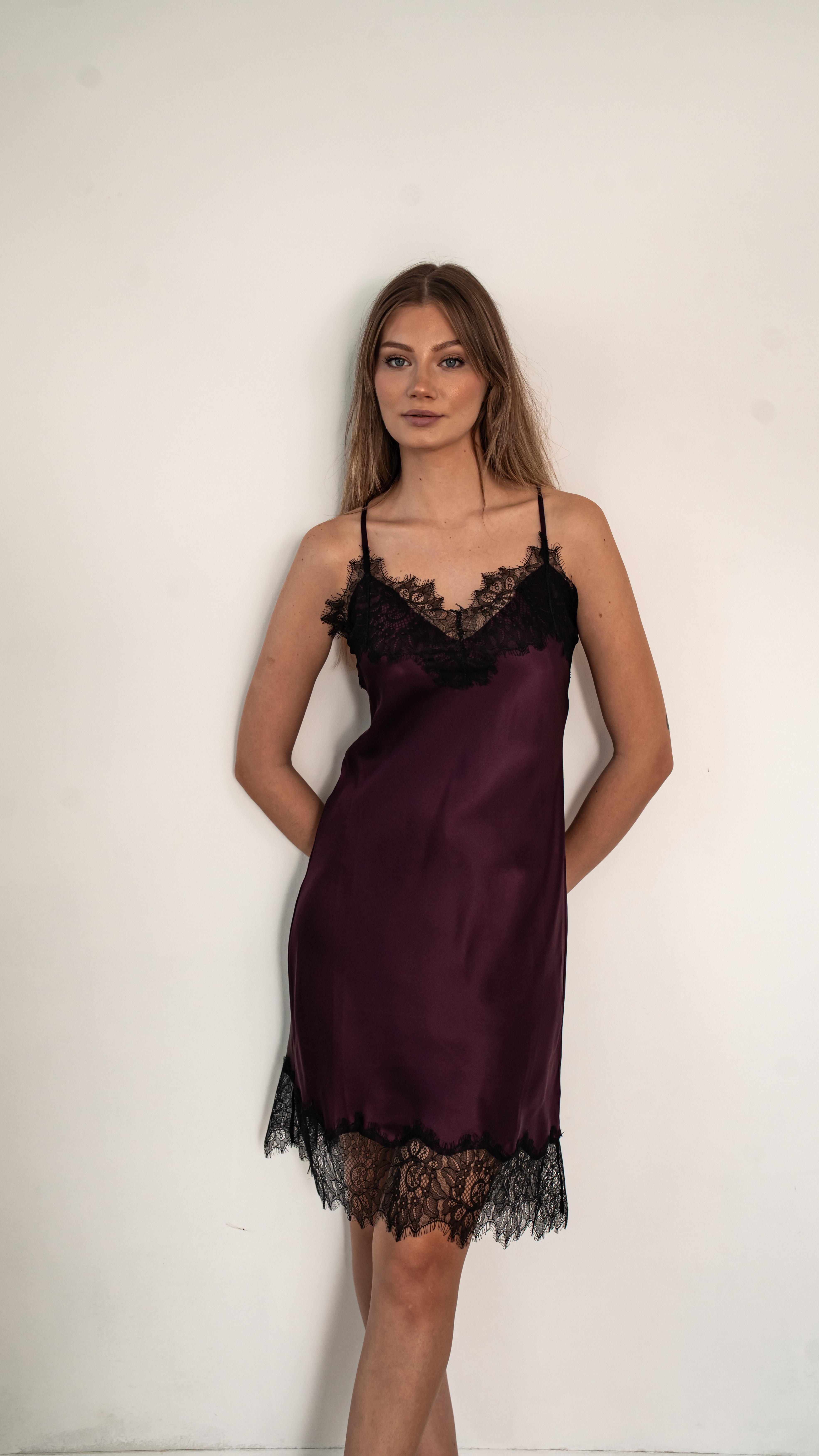  Wine Color Silk Slip Dress with Lace Detail 