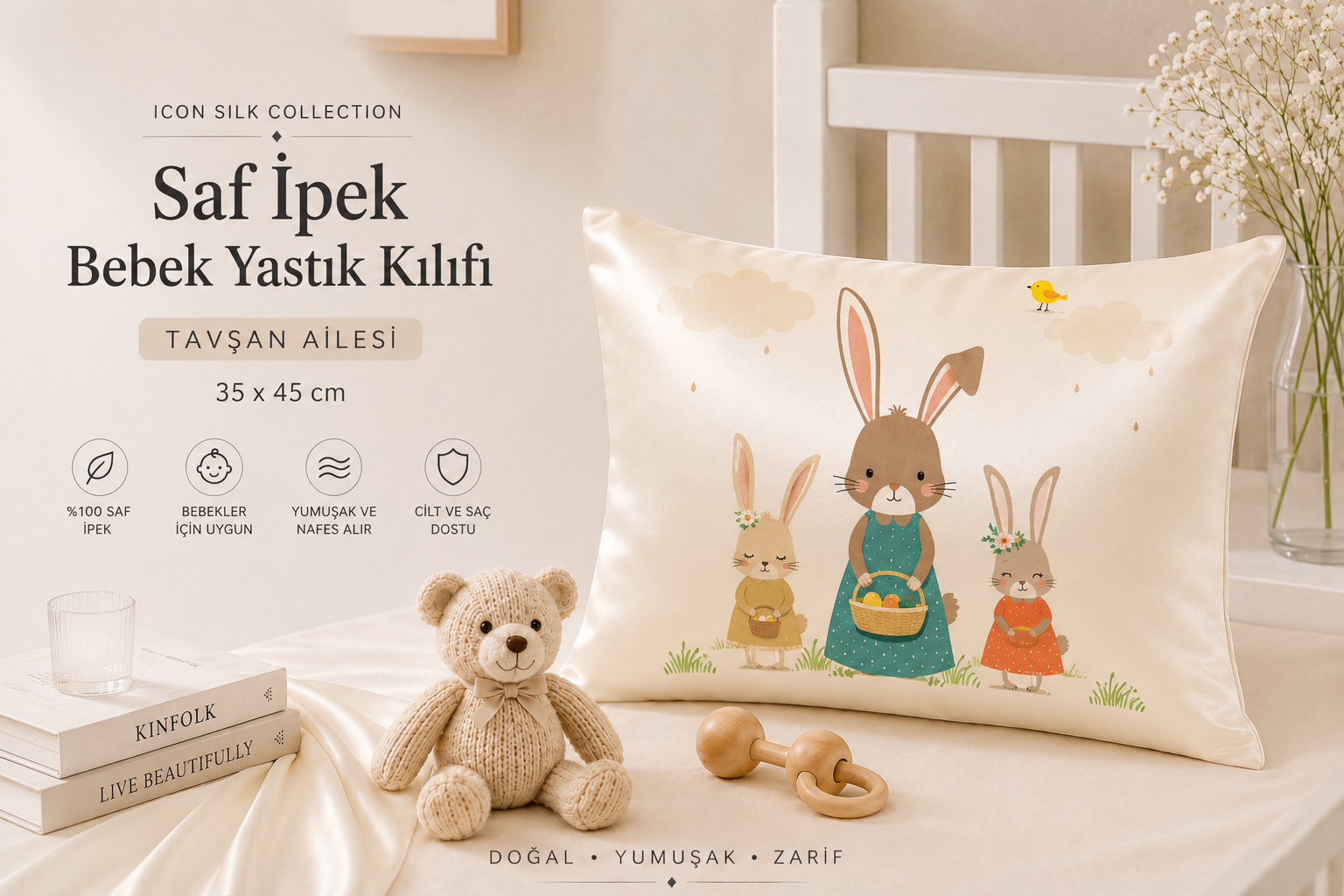 Tavşan Ailesi - Saf İpek Bebek Yastık Kılıfı 