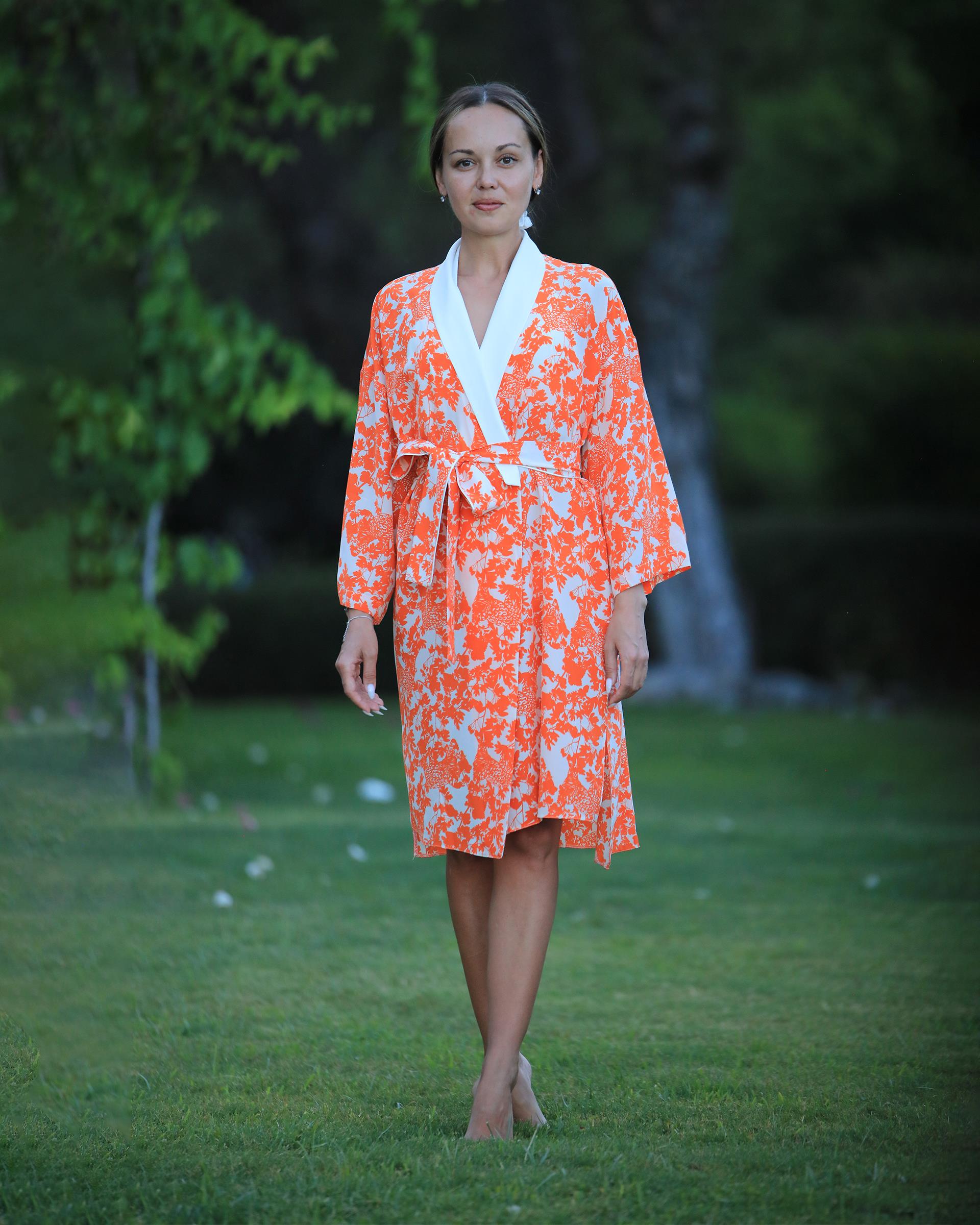 Turuncu Saten Yaka Detaylı İpek Krep Kimono 