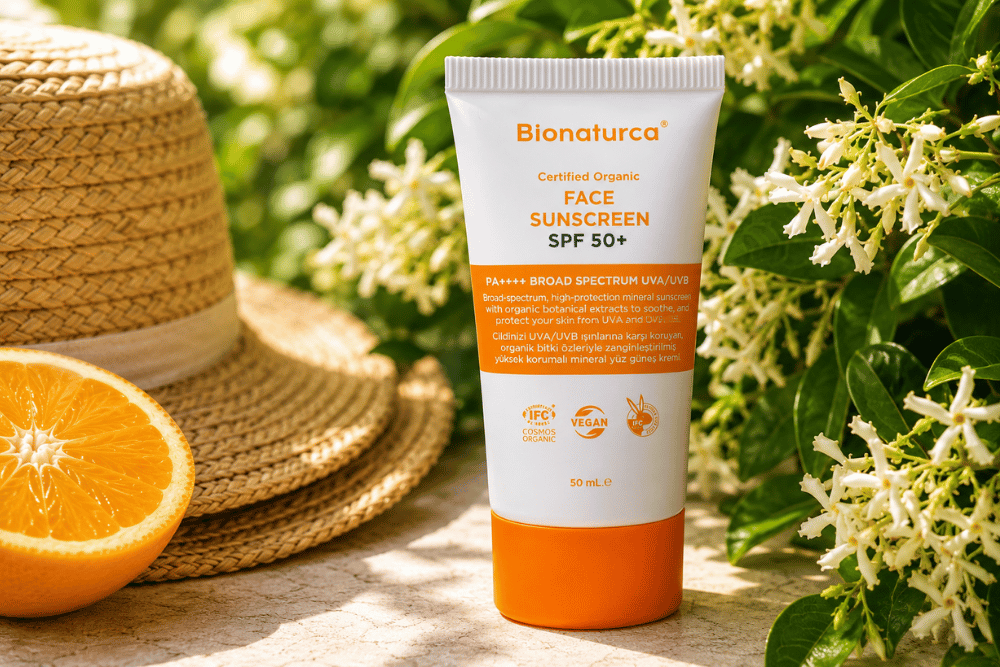 SPF 50+ mineral filtreli organik güneş kremi ile güneşten korunma