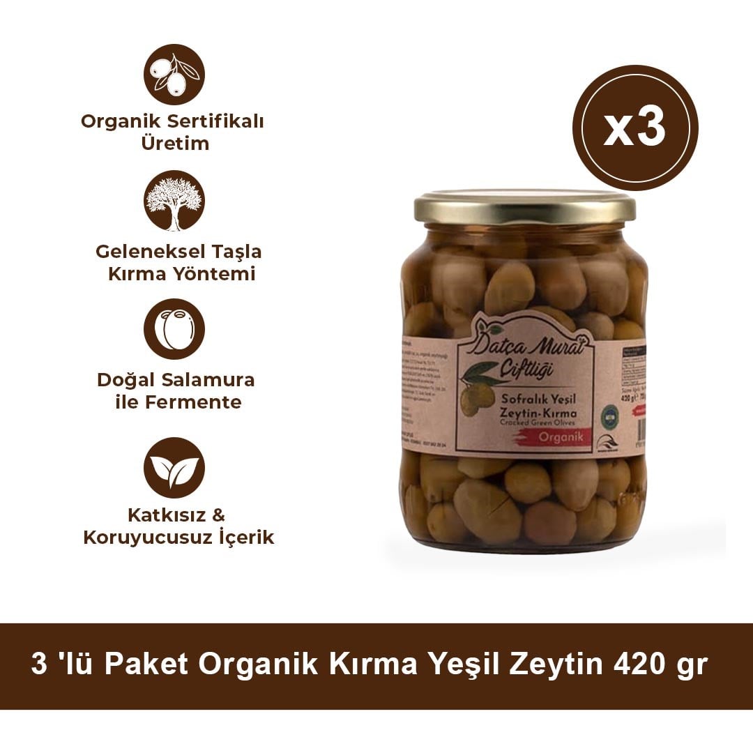3 'lü Paket Organik Kırma Yeşil Zeytin 420 gr