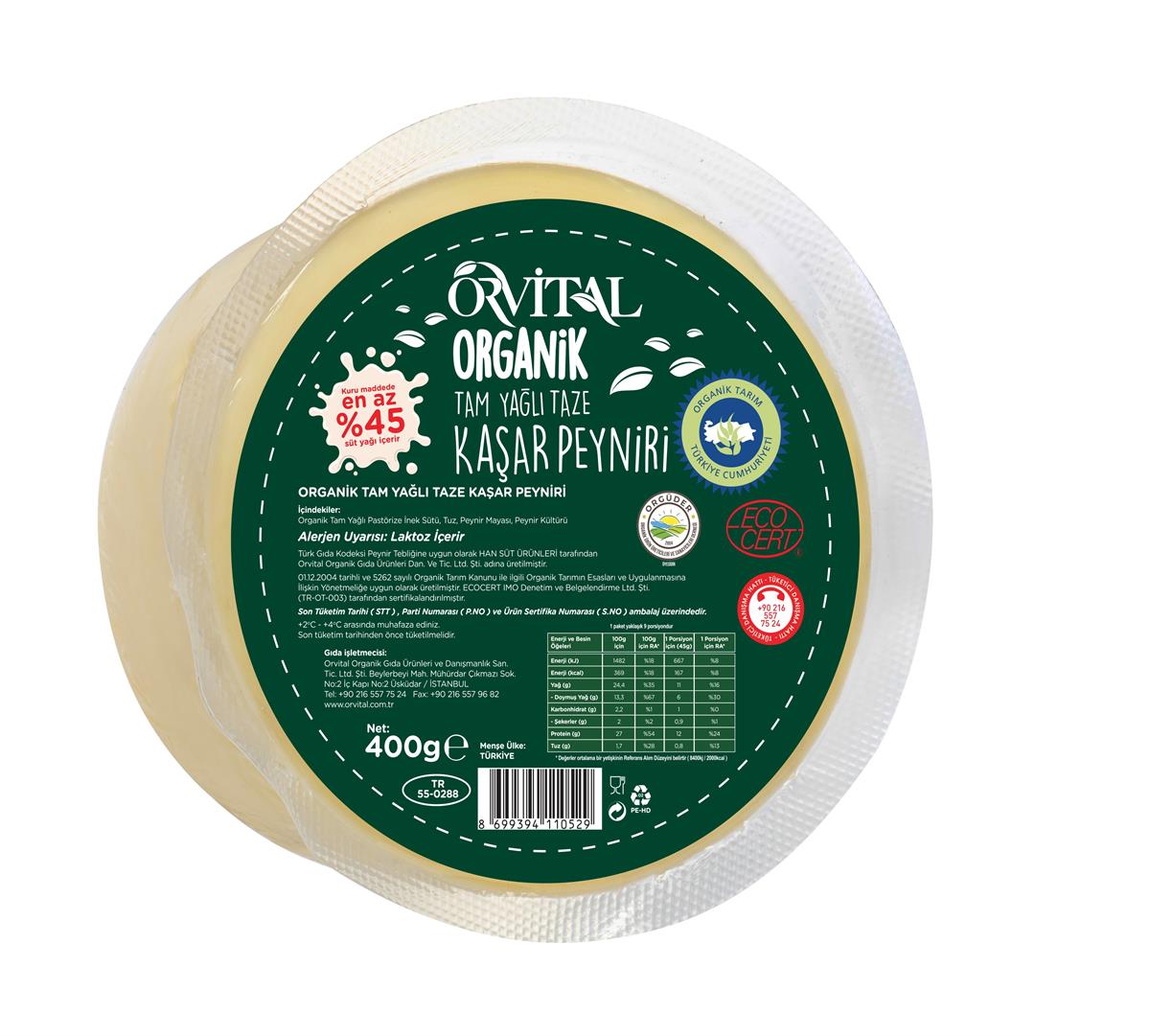 Orvital-Organik Tam Yağlı Taze Kaşar Peyniri 400 gr