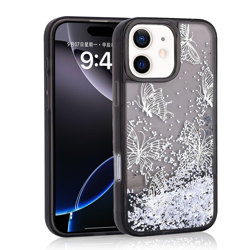 Apple iPhone 11 Kılıf Sıvılı Simli Kelebek Baskılı Şeffaf Arka Yüzey Zore Glis Silikon Kapak