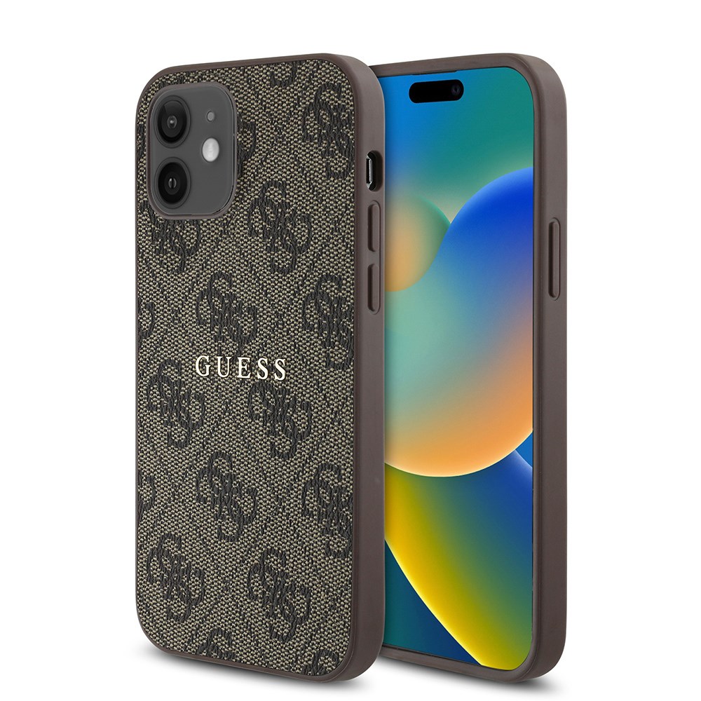 Apple iPhone 12 Kılıf Guess Orjinal Lisanslı M-safe Şarj Özellikli 4G Desen Yazı Logolu Kapak
