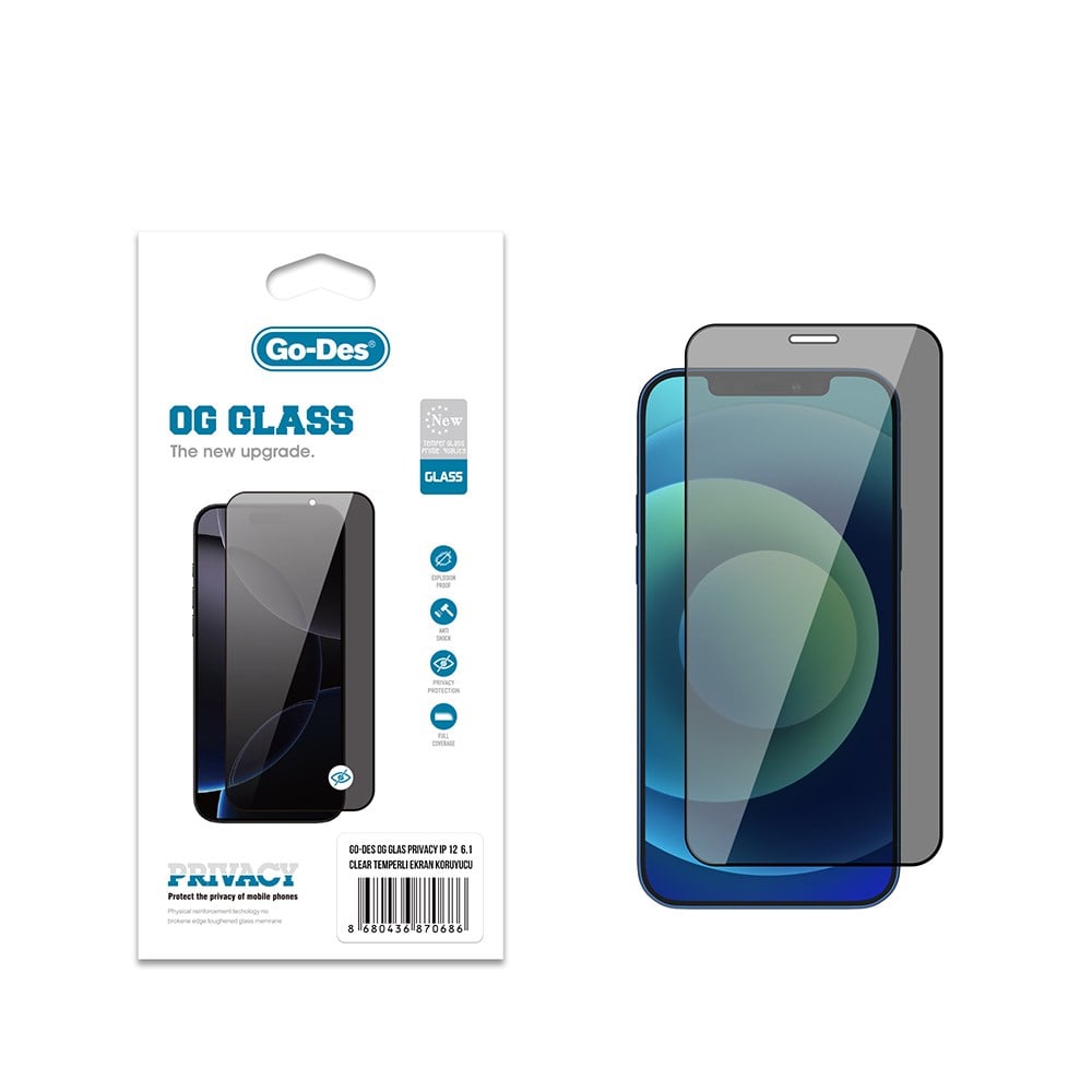 Apple iPhone 12 Pro Go Des OG Glass Privacy Antistatik Temperli Cam Ekran Koruyucu