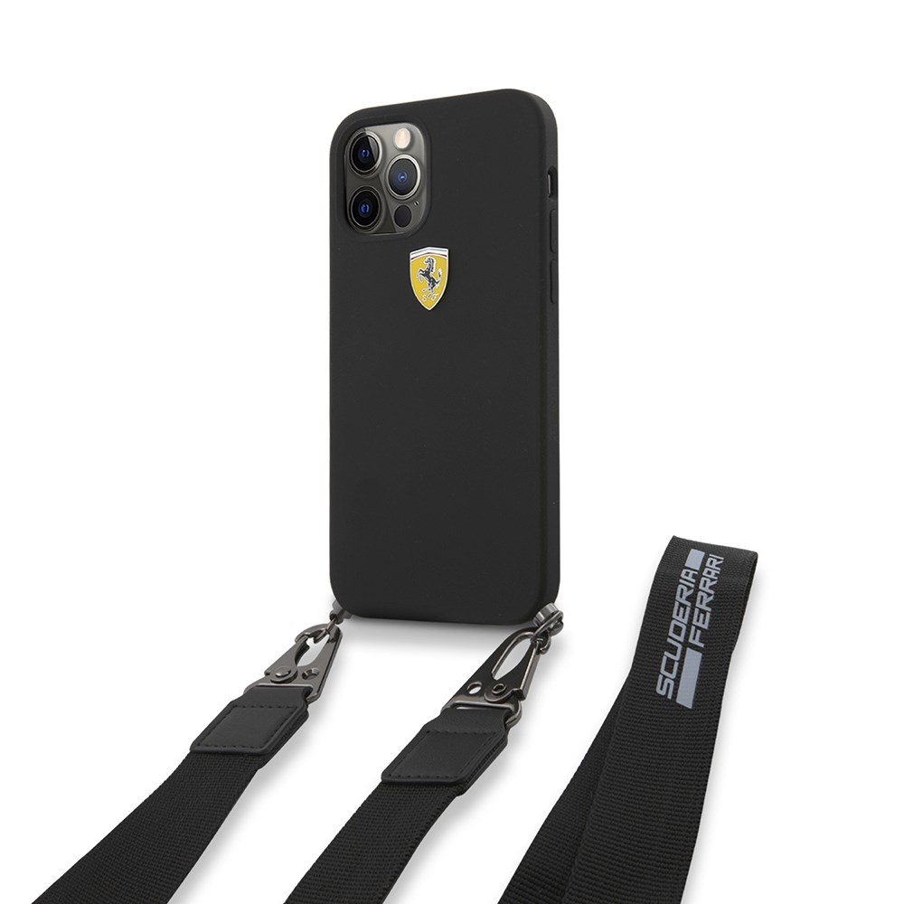 Apple iPhone 12 Pro Kılıf Ferrari Orjinal Lisanslı Askılı Metal Logolu Kapak