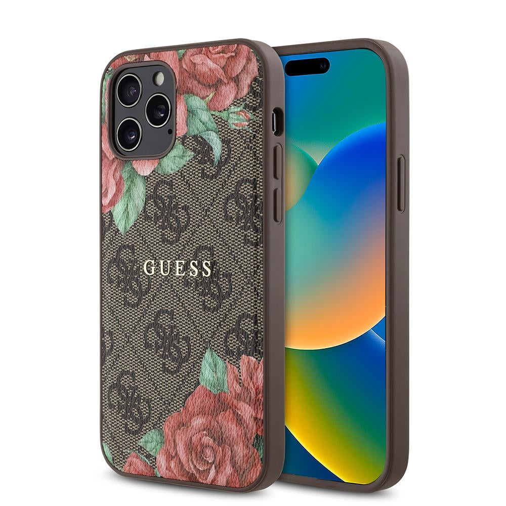 Apple iPhone 12 Pro Kılıf Guess Orjinal Lisanslı M-safe Şarj Özellikli Gül Baskılı 4G Desenli Yazı Logolu Kapak