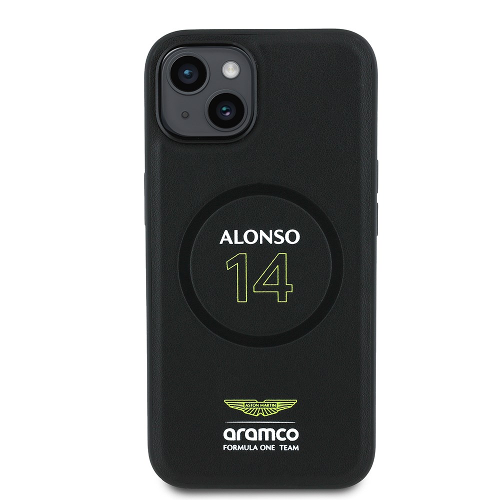 Apple iPhone 14 Kılıf Aston Martin Orjinal Lisanslı M-safe Şarj Özellikli PU Deri Alonso 14 Baskılı Kapak