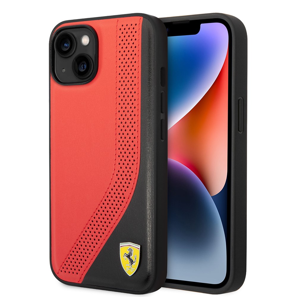 Apple iPhone 14 Kılıf Ferrari Orjinal Lisanslı Metal Logolu Deri Delikli Dikişli Dizayn Kapak