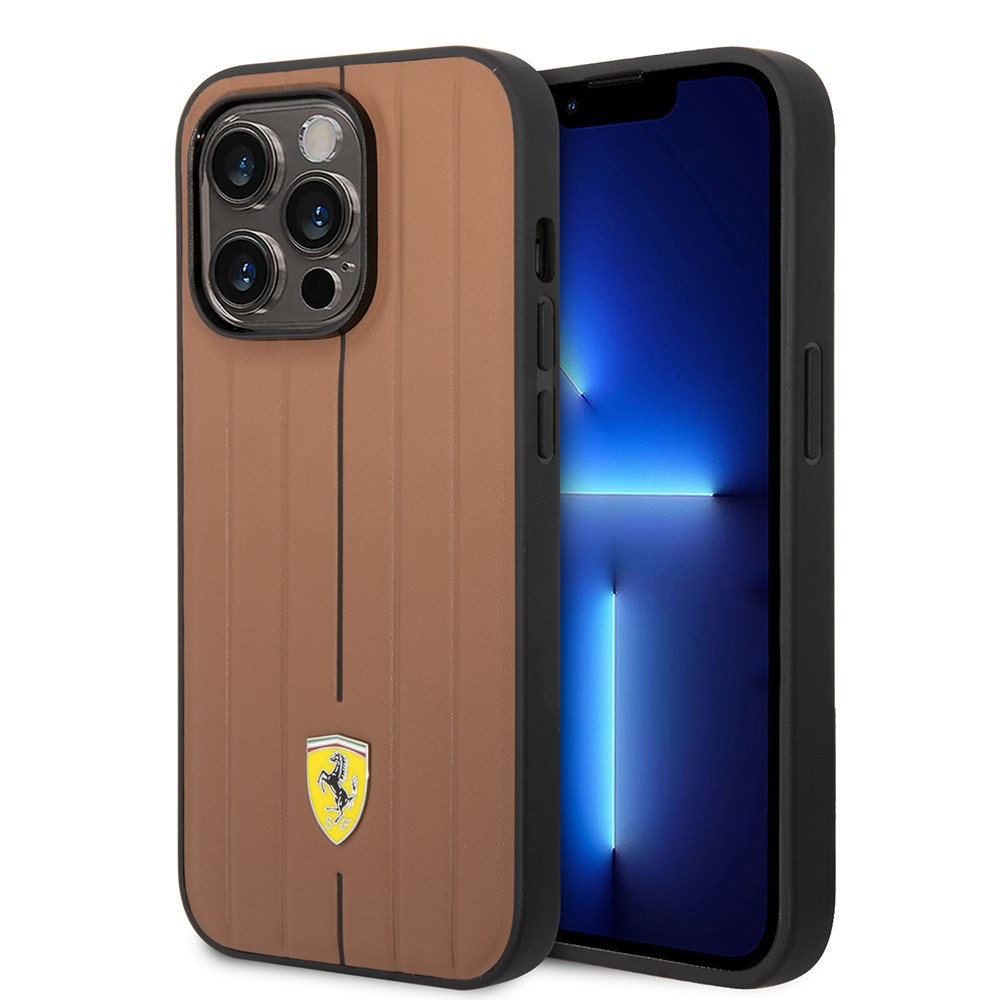 Apple iPhone 14 Pro Max Kılıf Ferrari Orjinal Lisanslı Deri Arka Yüzey Metal Logolu Şerit Tasarımlı Kapak