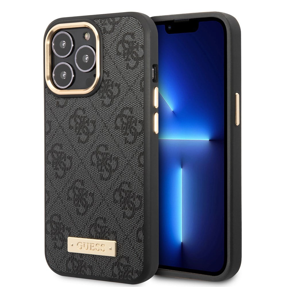 Apple iPhone 14 Pro Max Kılıf Guess Orjinal Lisanslı M-safe Şarj Özellikli 4G Desenli PU Metal Plaka Klasik Logolu Kapak