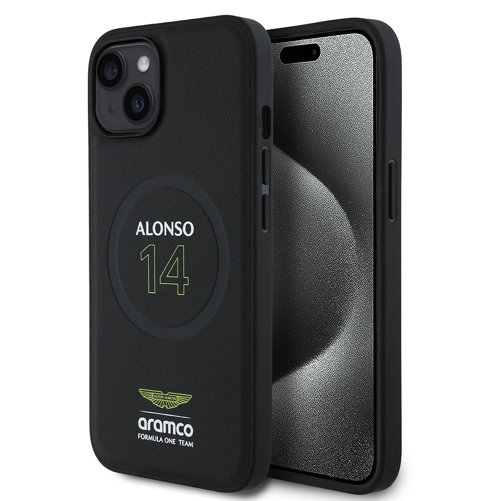 Apple iPhone 15 Kılıf Aston Martin Orjinal Lisanslı M-safe Şarj Özellikli PU Deri Alonso 14 Baskılı Kapak
