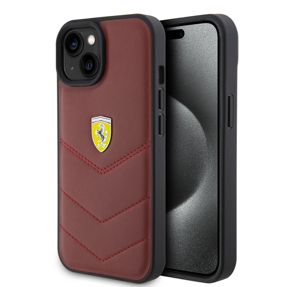 Apple iPhone 15 Kılıf Ferrari Orjinal Lisanslı Deri Dikişli Arka Yüzey Metal Logo Tasarımlı Kapak