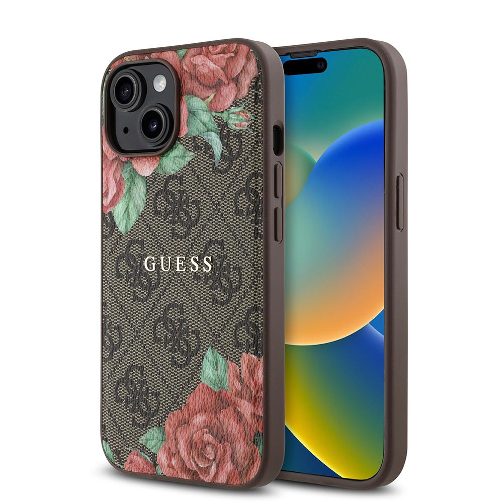 Apple iPhone 15 Kılıf Guess Orjinal Lisanslı M-safe Şarj Özellikli Gül Baskılı 4G Desenli Yazı Logolu Kapak