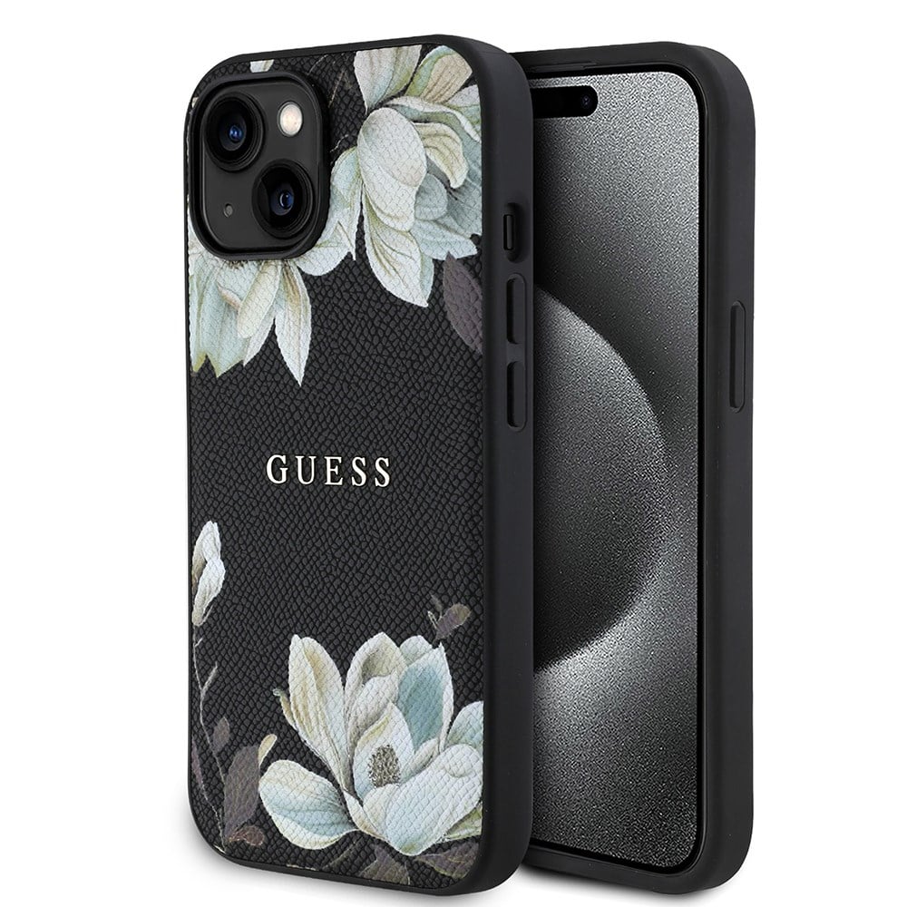 Apple iPhone 15 Kılıf Guess Orjinal Lisanslı M-safe Şarj Özellikli Taneli Çiçek Tasarımlı Metal Yazı Logolu Kapak