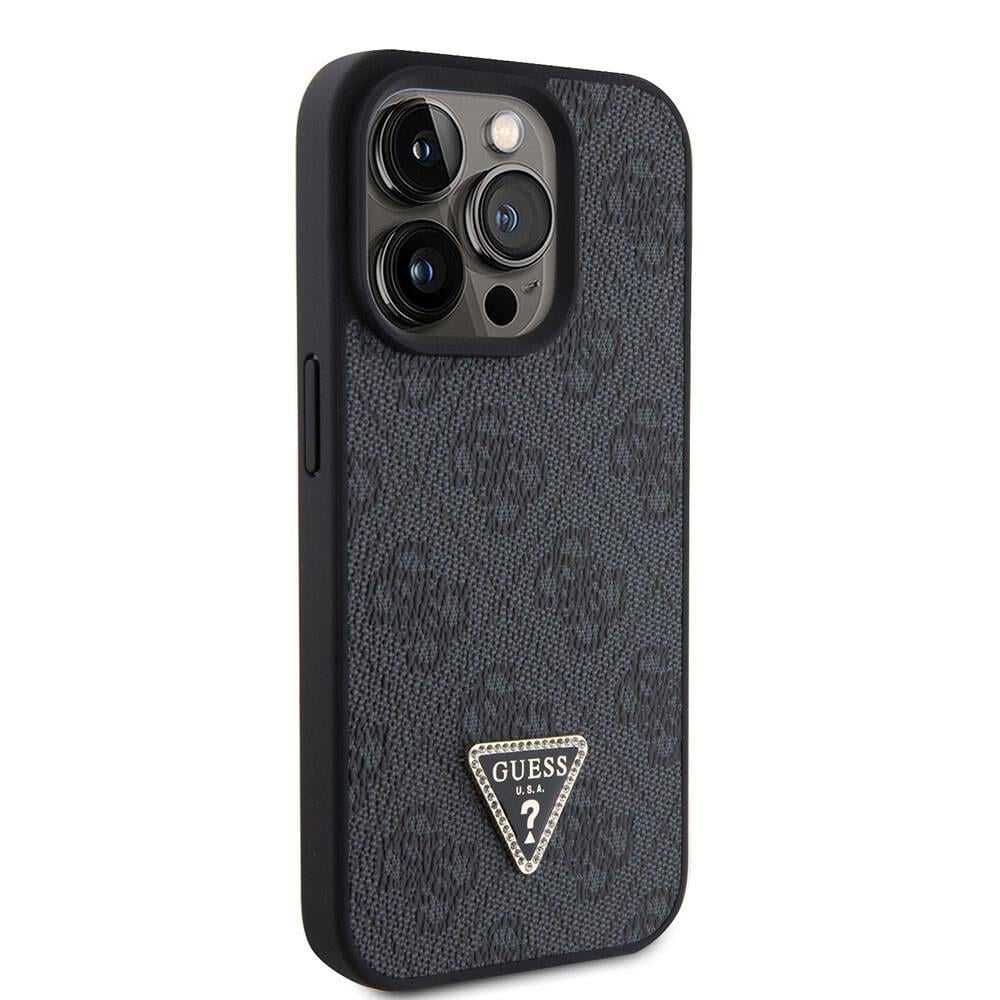 Apple iPhone 15 Pro Kılıf Guess Orjinal Lisanslı PU Deri Taşlı Üçgen Logo 4G Desenli Strass Kapak