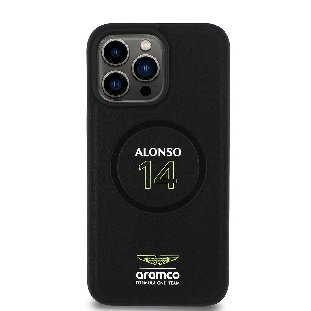 Apple iPhone 15 Pro Max Kılıf Aston Martin Orjinal Lisanslı M-safe Şarj Özellikli PU Deri Alonso 14 Baskılı Kapak