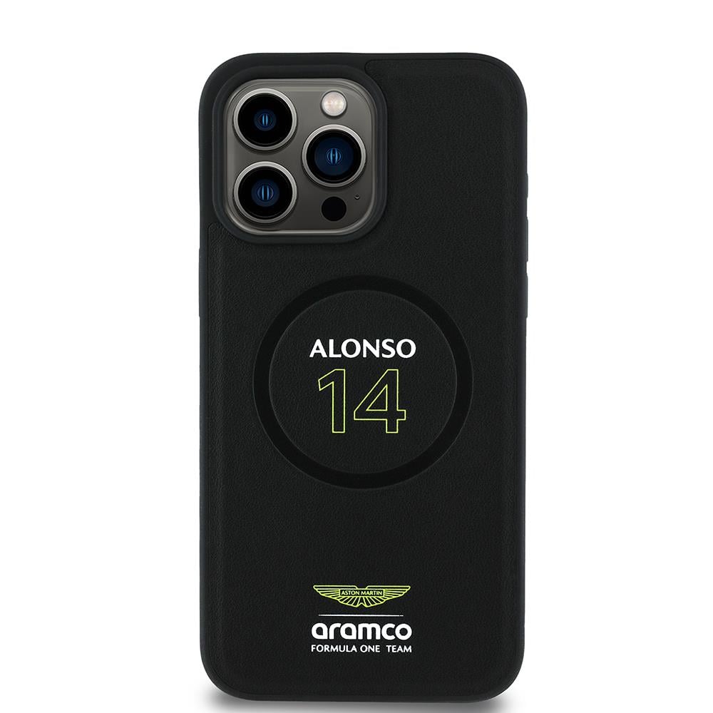 Apple iPhone 15 Pro Max Kılıf Aston Martin Orjinal Lisanslı M-safe Şarj Özellikli PU Deri Alonso 14 Baskılı Kapak