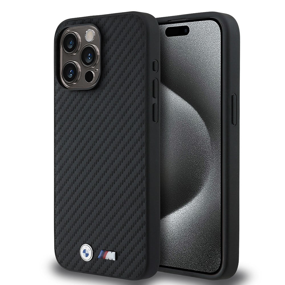 Apple iPhone 15 Pro Max Kılıf BMW Orjinal Lisanslı Karbon Fiber Tasarımlı ve Metal Logolu PU Deri Kapak