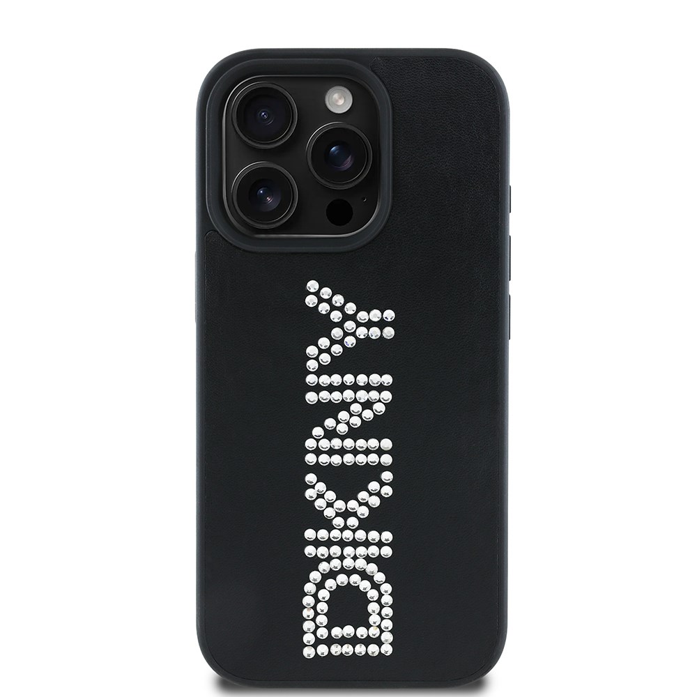 Apple iPhone 15 Pro Max Kılıf DKNY Orjinal Lisanslı Taşlı DKNY Yazılı Metalik Rhinestones PU Deri Kapak