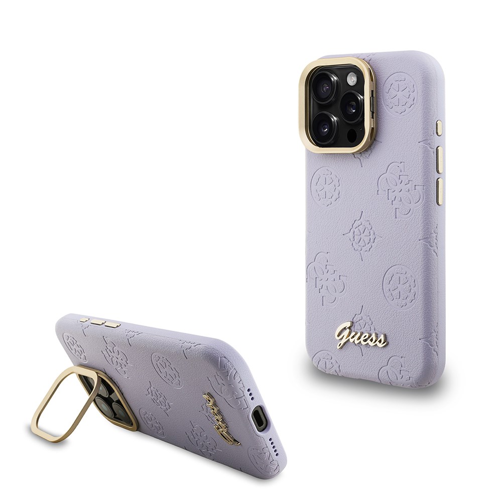 Apple iPhone 15 Pro Max Kılıf Guess Orjinal Lisanslı M-safe Şarj Özellikli Sıcak Baskılı Yazı Logolu Kamera Standlı PU Deri Peony Kapak