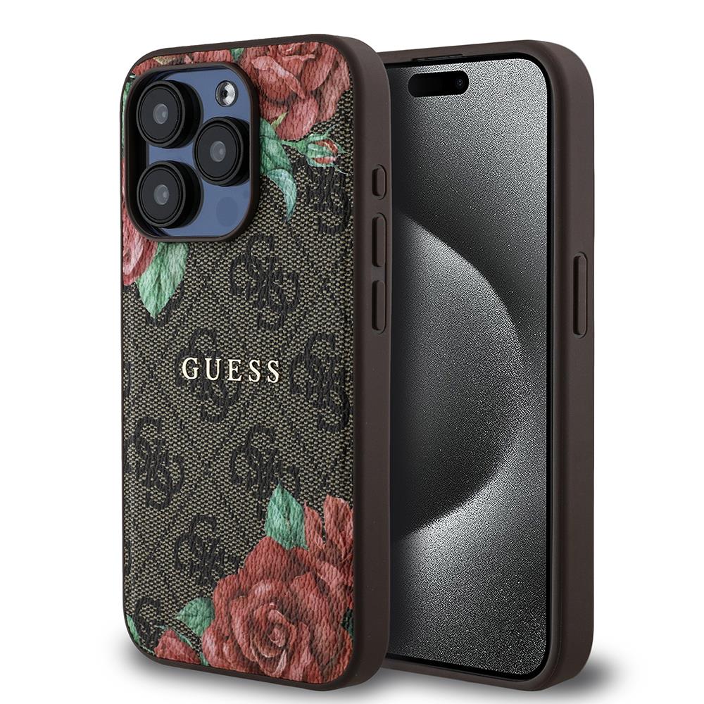 Apple iPhone 15 Pro Max Kılıf Guess Orjinal Lisanslı M-safe Şarj Özellikli Gül Baskılı 4G Desenli Yazı Logolu Kapak