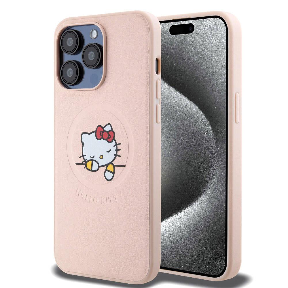 Apple iPhone 15 Pro Max Kılıf Hello Kitty Orjinal Lisanslı M-safe Şarj Özellikli Baskı Logolu Uyuyan Kitty Deri Kapak