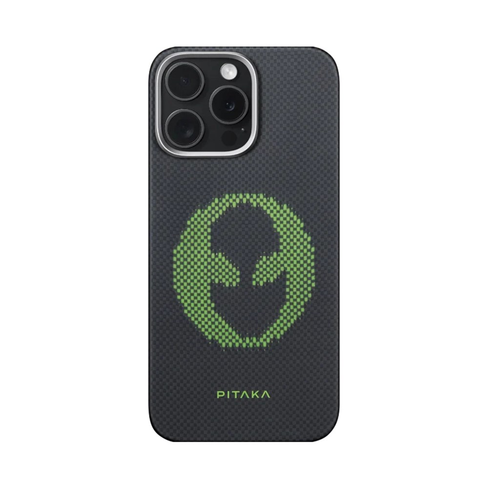 Apple iPhone 15 Pro Max Kılıf M-safe Şarj Özellikli Lumintex Teknolojili Fosforlu Aramid Fiber Pitaka Tactile Woven Aries Serisi Kapak