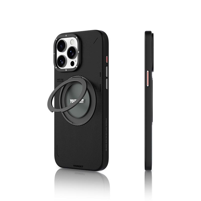Apple iPhone 15 Pro Max Kılıf M-safe Şarj Özellikli 360° Standlı Basit Mat Deri Desenli Youngkit Tech Leather Serisi Kapak