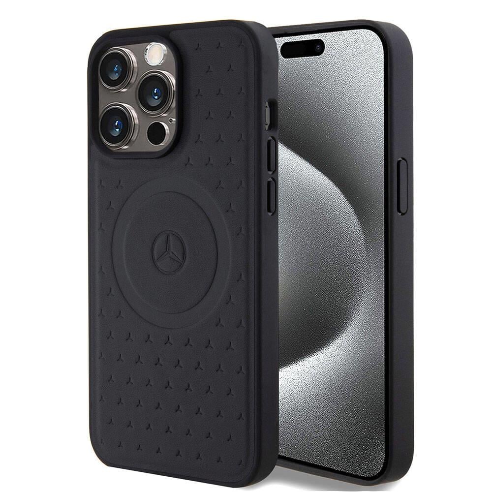 Apple iPhone 15 Pro Max Kılıf Mercedes Benz Orjinal Lisanslı M-safe Şarj Özellikli Mühürlü Yıldız Desenli ve Logolu Deri Kapak