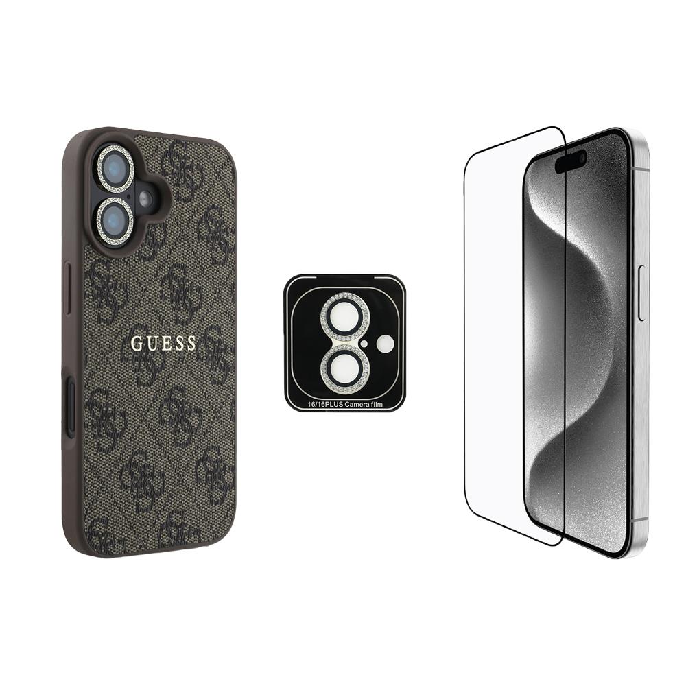Apple iPhone 16 Guess Orjinal Lisanslı Kılıf + Ekran Koruyucu + Lens Koruyucu 3in1 Aksesuar Seti