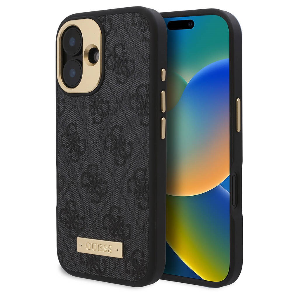 Apple iPhone 16 Kılıf Guess Orjinal Lisanslı M-safe Şarj Özellikli PU 4G Desenli Metal Plaka Klasik Logolu Kapak