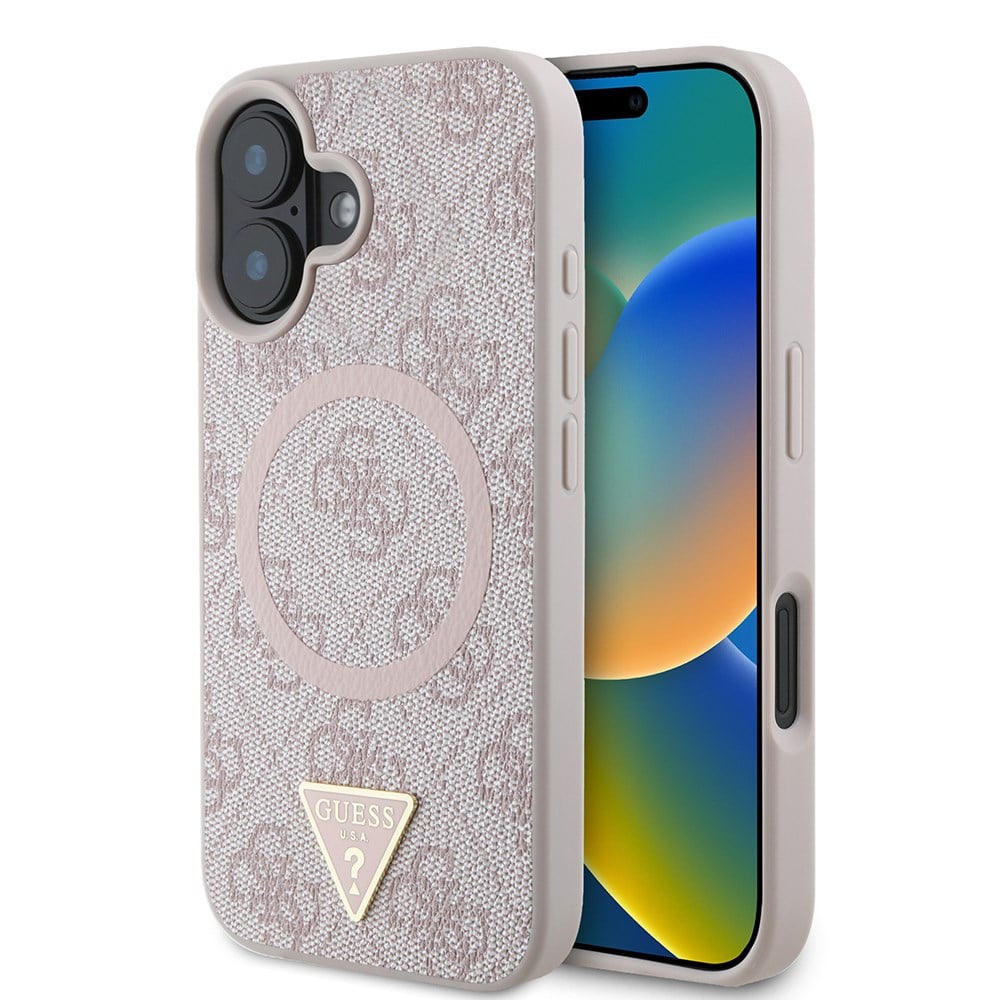 Apple iPhone 16 Kılıf Guess Orjinal Lisanslı M-safe Şarj Özellikli PU Üçgen Logo 4G Desenli Kapak