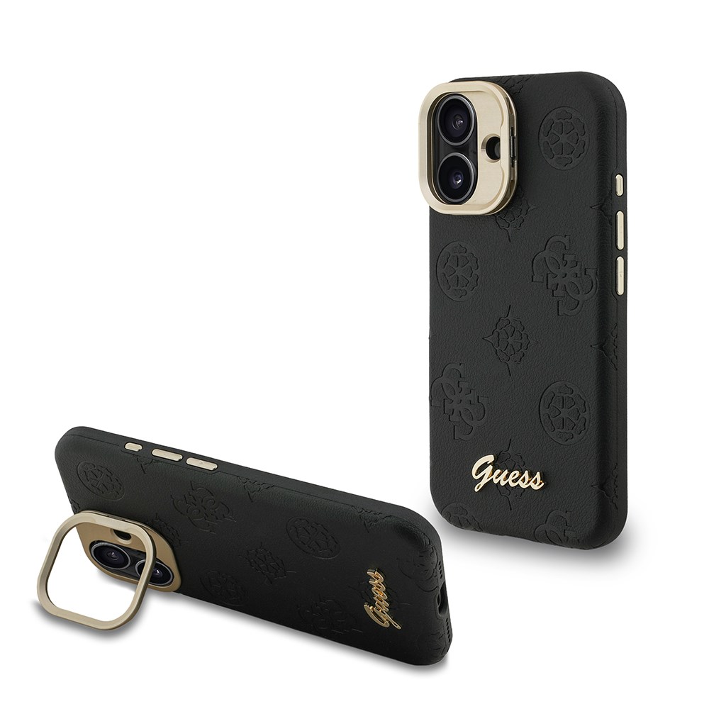 Apple iPhone 16 Kılıf Guess Orjinal Lisanslı M-safe Şarj Özellikli Sıcak Baskılı Yazı Logolu Kamera Standlı PU Deri Peony Kapak