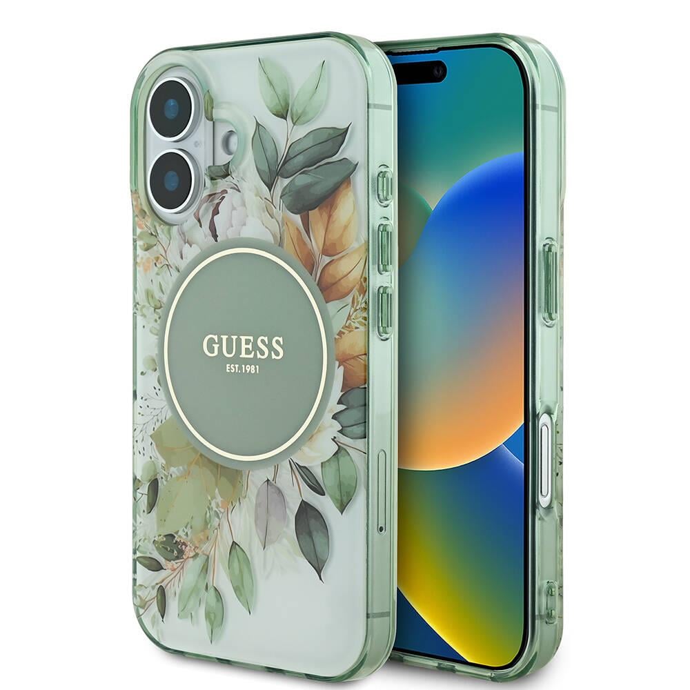 Apple iPhone 16 Plus Kılıf Guess Orjinal Lisanslı M-safe Şarj Özellikli IML Baskılı Yazı Logolu Flower Tonal Circle Kapak