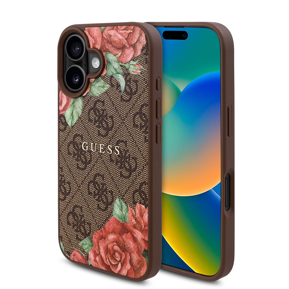 Apple iPhone 16 Plus Kılıf Guess Orjinal Lisanslı M-safe Şarj Özellikli Gül Baskılı 4G Desenli Yazı Logolu Kapak