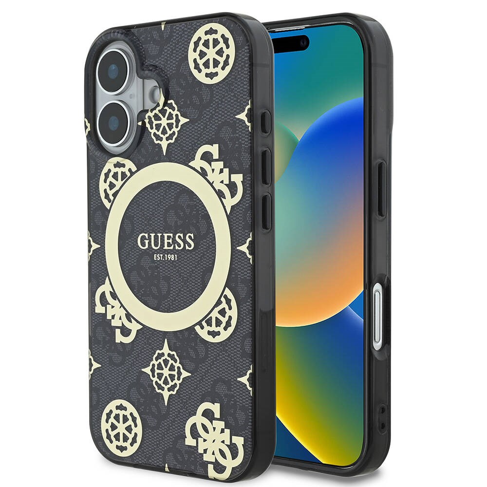 Apple iPhone 16 Plus Kılıf Guess Orjinal Lisanslı M-safe Şarj Özellikli 4G Desenli IML Yazı Logolu Peony Kapak