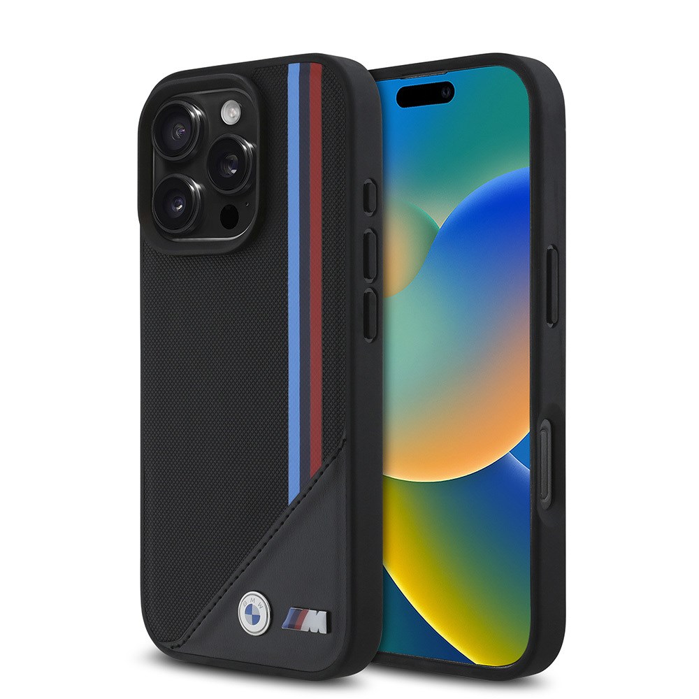 Apple iPhone 16 Pro Kılıf BMW Orjinal Lisanslı M-safe Şarj Özellikli M Logolu Üç Çizgili Dikiş Detaylı Meshed Tricolor Stripes Kapak