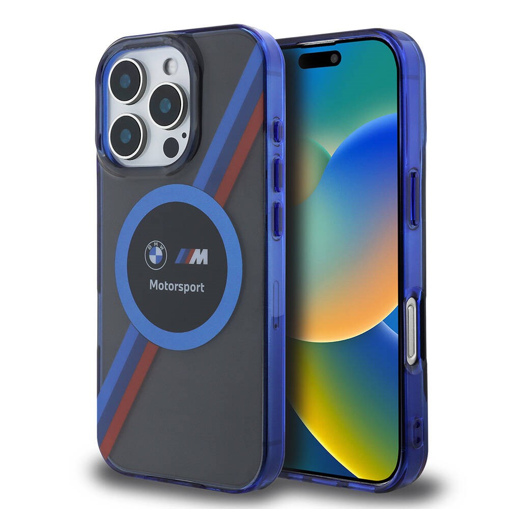 Apple iPhone 16 Pro Kılıf BMW Orjinal Lisanslı M-safe Şarj Özellikli M Logolu Üç Renk Çizgili Motorsport Circle Kapak