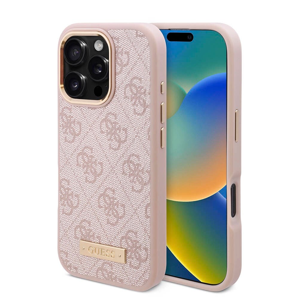 Apple iPhone 16 Pro Kılıf Guess Orjinal Lisanslı M-safe Şarj Özellikli 4G Desenli PU Metal Plaka Klasik Logolu Kapak