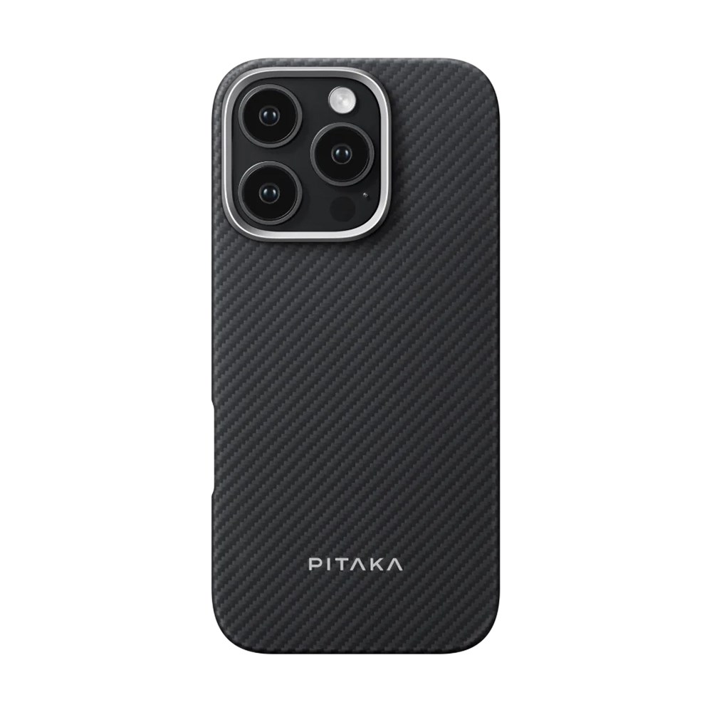 Apple iPhone 16 Pro Kılıf M-safe Şarj Özellikli 600D Aramid Fiber Pitaka Ultra-Slim Classic Serisi Black-Grey Twill Kapak
