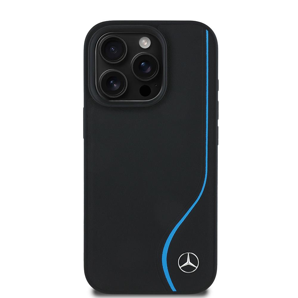 Apple iPhone 16 Pro Kılıf Mercedes Benz Orjinal Lisanslı M-safe Şarj Özellikli 3D Metal Logolu Mavi Dikey Eğri Çizgili Deri Kapak