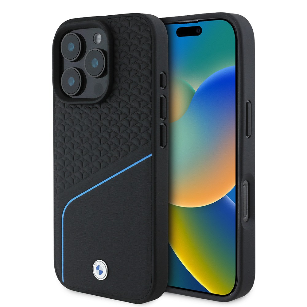 Apple iPhone 16 Pro Max Kılıf BMW Orjinal Lisanslı M-safe Şarj Özellikli Metal Logolu Dokulu ve Çizgili Deri Kapak