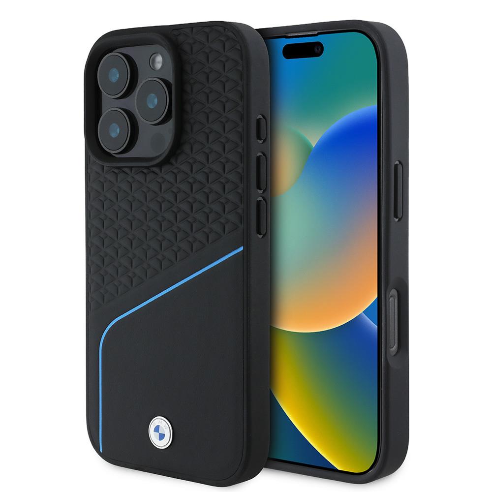 Apple iPhone 16 Pro Max Kılıf BMW Orjinal Lisanslı M-safe Şarj Özellikli Metal Logolu Dokulu ve Çizgili Deri Kapak