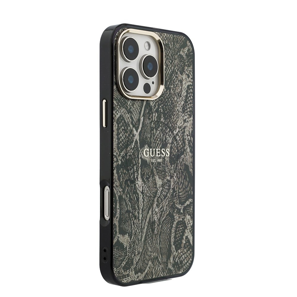 Apple iPhone 16 Pro Max Kılıf Guess Orjinal Lisanslı M-safe Şarj Özellikli Yazı Logolu Python Desenli Kapak