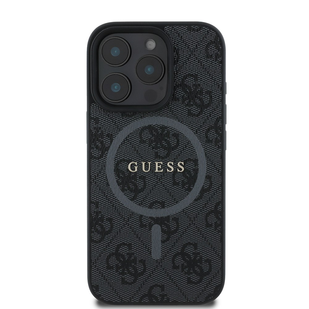 Apple iPhone 16 Pro Max Kılıf Guess Orjinal Lisanslı M-safe Şarj Özellikli PU Halkalı 4G Desenli Yazı Logolu Kapak